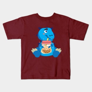 Baby Blue Dino Boba T rex Dinosaur  drinking Bubble tea Kids T-Shirt